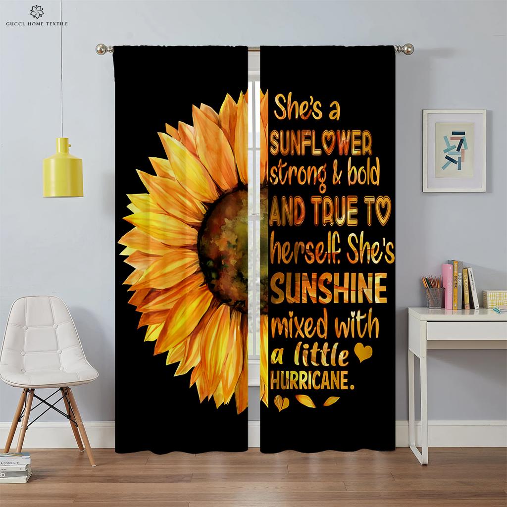 Retro Floral Sunflower Drapes Creative Letters Fashionable Print Curtains Bedroom and Living Area Ornamental Curtains