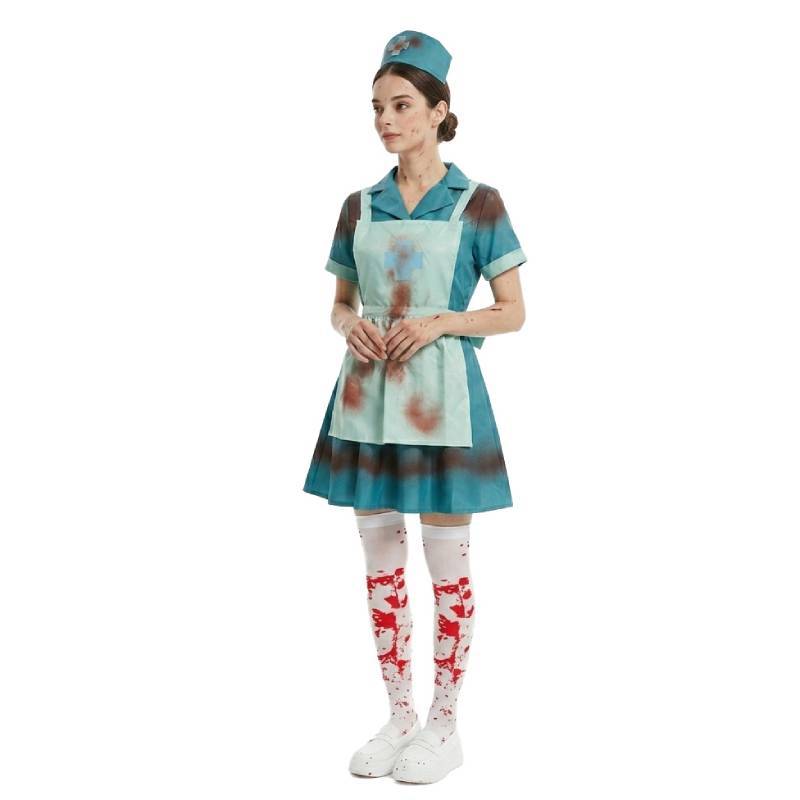Halloween Zombie Nurse Cosplay Costume With Bloodstains For Horror Theme Party