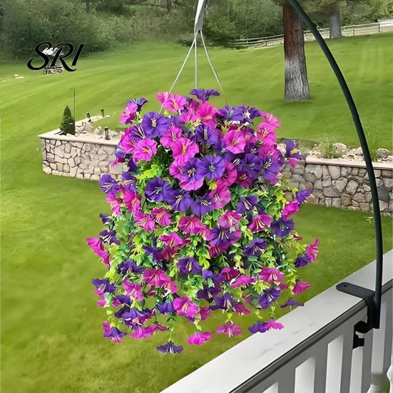 Water-free Flower Decor Artificial Flowers for Outdoor, Fake Hanging Morning Glory with Eucalyptus Leaves, UV No Maintenance Resistant Faux