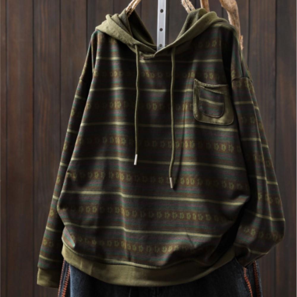 Johnature Women Pullover Hooded Striped Long Sleeve  Autumn Patchwork Pockets Casual Loose T-Shirts