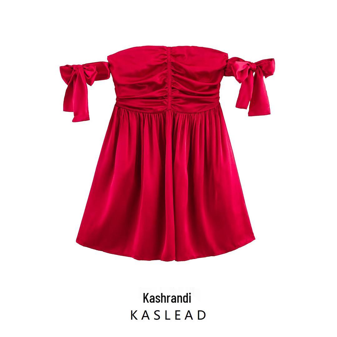 

2025 Spring Women s European & American Style Slimming Tie-Up Short Dress S красный