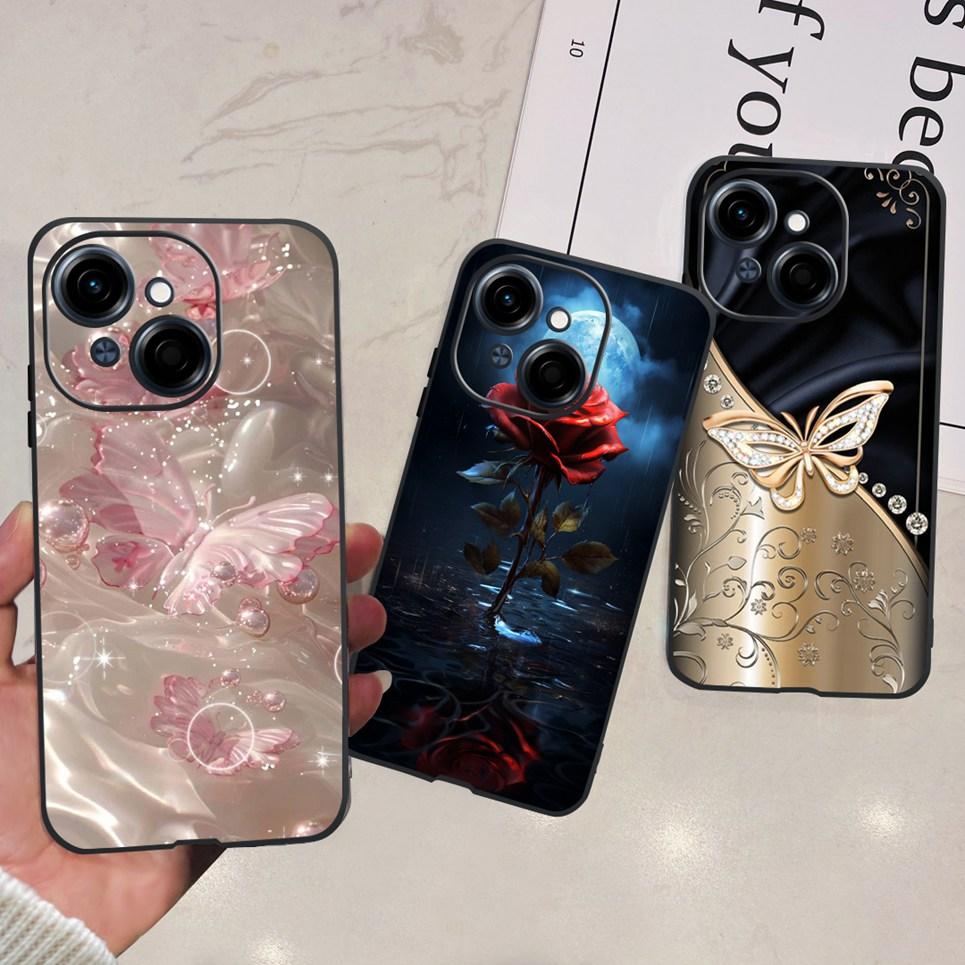 Flower Butterfly Women Fashion Back Cover For Tecno Spark GO 1 Spark GO 2025 Phone Funda Black Matte Soft TPU Silicone