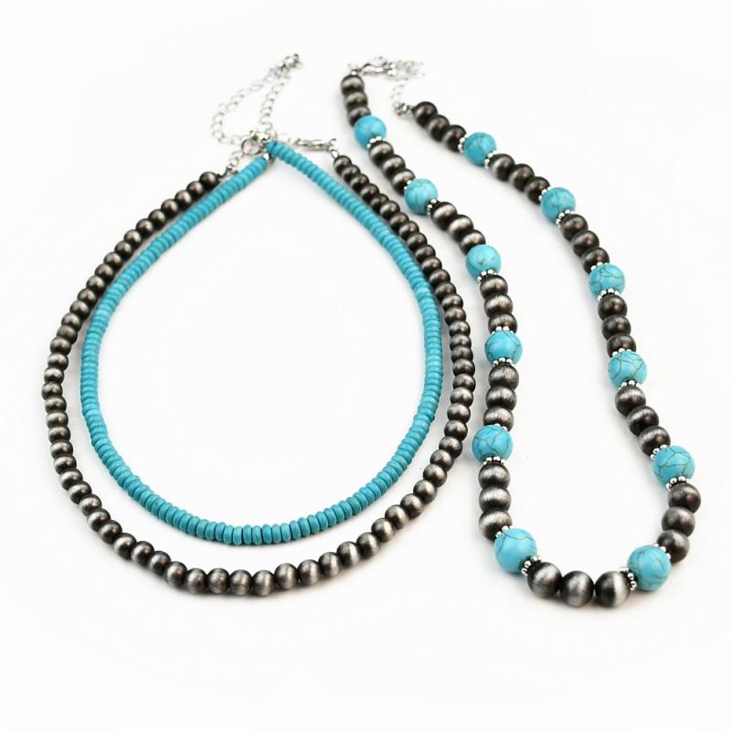 Handmade Turquoise Necklace Set Women Layered Geometric Choker With Sterling Beads Boho Style