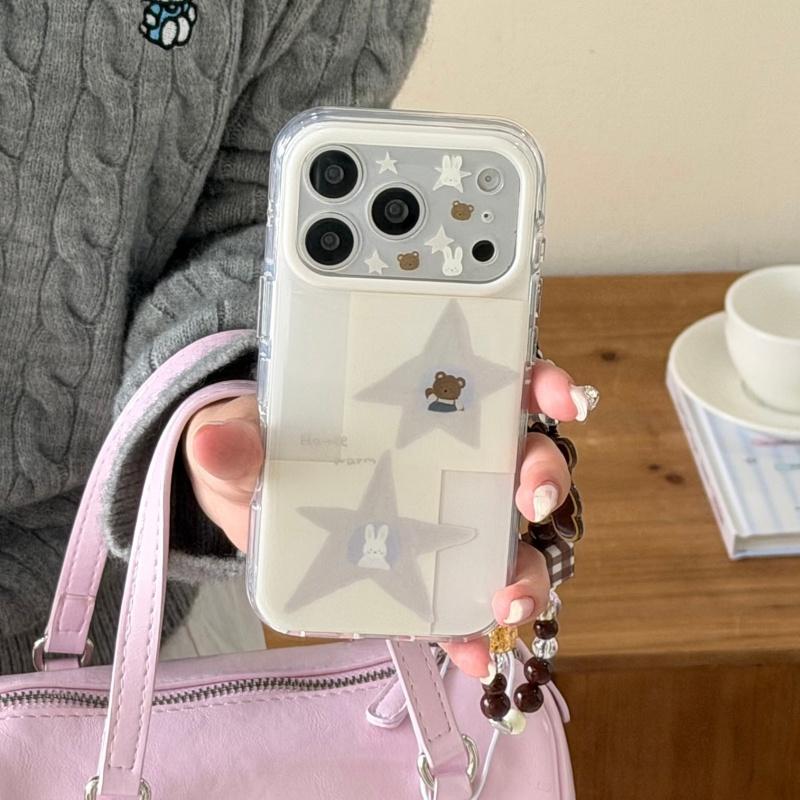 Lovely Star Rabbit Bear Cartoon Phone Case For iPhone 17 16 Pro 14 15 Pro Max Protective Cover Cases with Chain For Apple 17 Pro