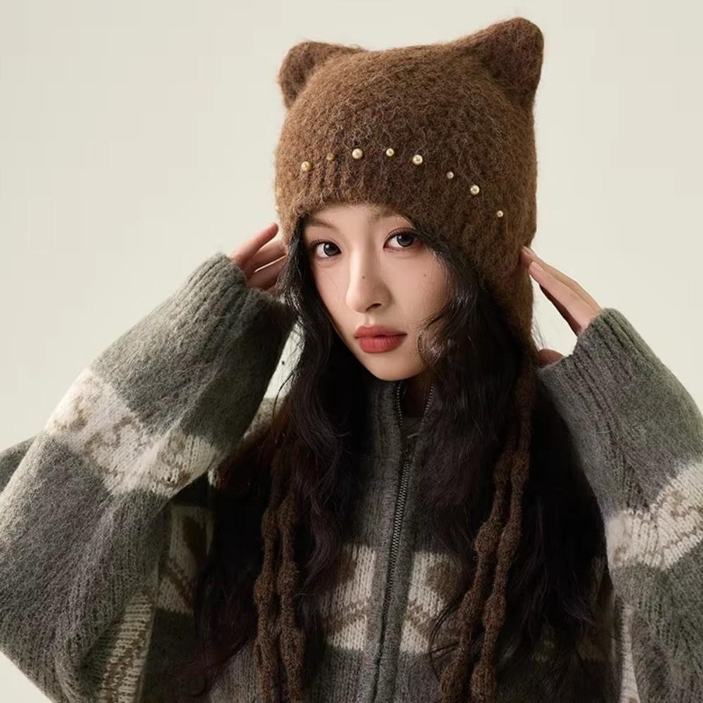 Windproof Cat Ear Beanie Pearl Tassel Ear Protection Hat Y2K Aesthetic Knit Earflap Hat for Women