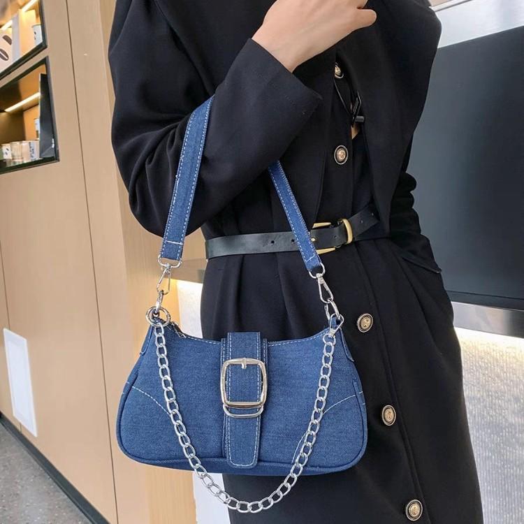 Retro Denim Canvas Bag Bag Women'S Fashion Shoulder Versatile Chain Underarm Baguette Bag