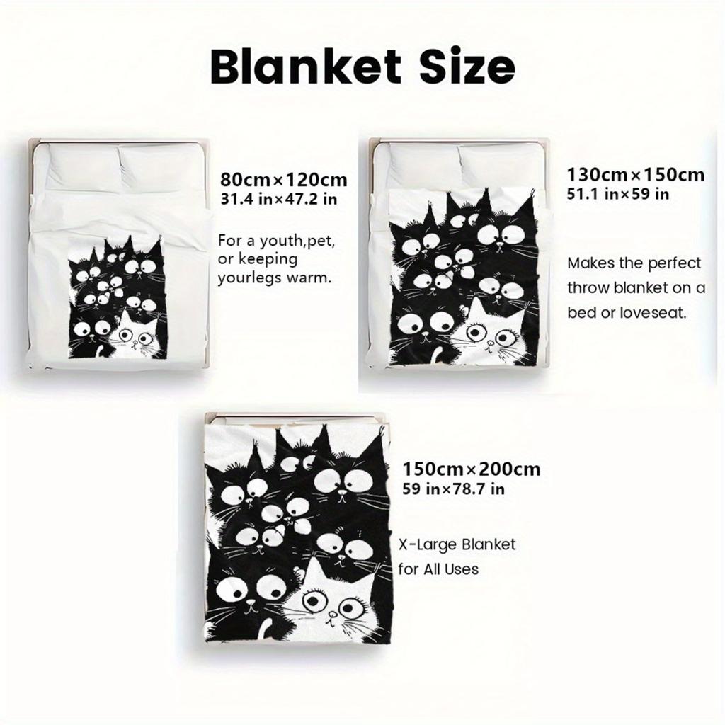 1pc Ultra-Soft Lightweight Flannel Blanket with Playful Black & White Cat Design - Cozy Warm All-Season Throw for Camping, Trave