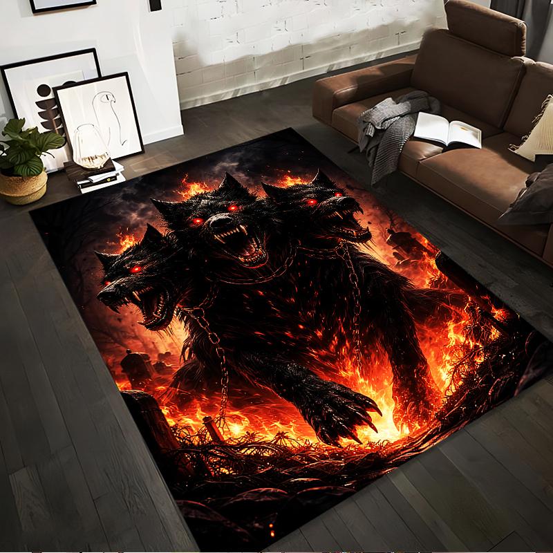 

Fiery Three-Headed Wolf Rug, Dark Fantasy Design with Chains Suitable for use as an anti-slip for living room bedroom sofas 40x60cm( 15x23in )