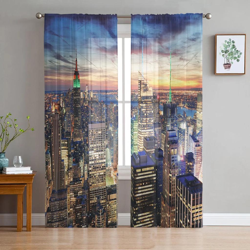 Urban Bridge Brooklyn Sonnenuntergang Stadt Gebäude Tüll Transparente Fenstervorhänge für Wohnzimmer Schlafzimmer Voile Organza Vorhänge Drapierungen