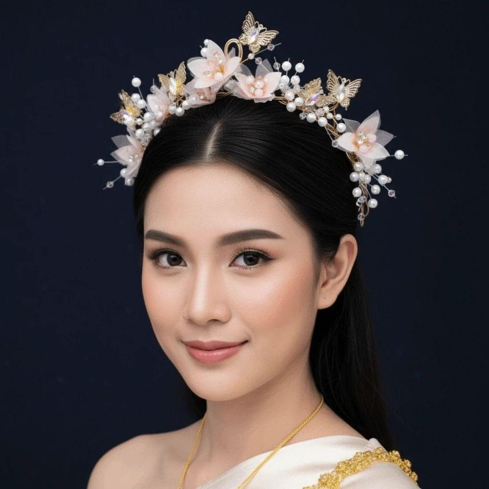 Vintage Butterfly Crown Headwear Elegant Princess Rhinestone Tiara Trendy Pink Floral Crown  Women