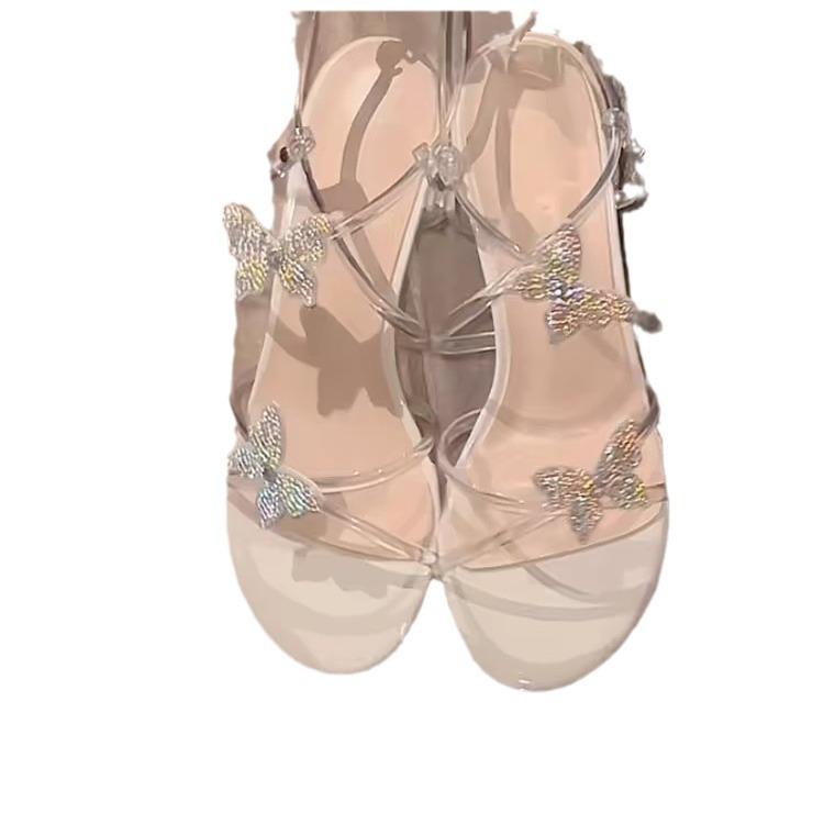 Yushilai~ Beautiful rhinestone sandals female 2025 summer new fairy style with skirt seaside sparkling high heels