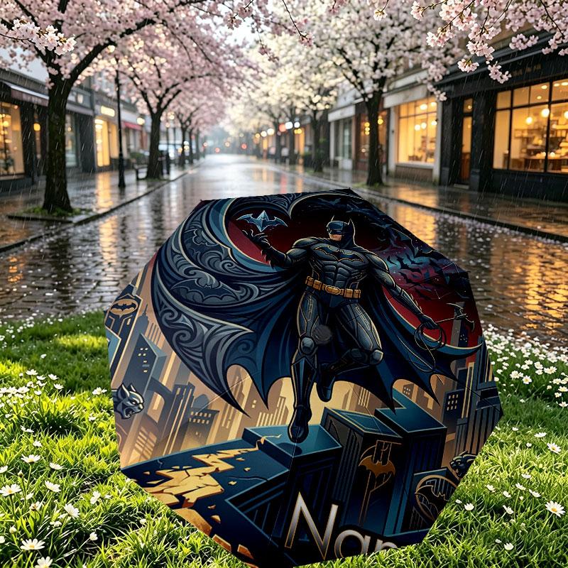 Custom Name Personalized Batman Print Umbrella, Auto Open Close, 8‑Rib Sturdy Frame, Commute Camping Hiking Use, Birthday Gift