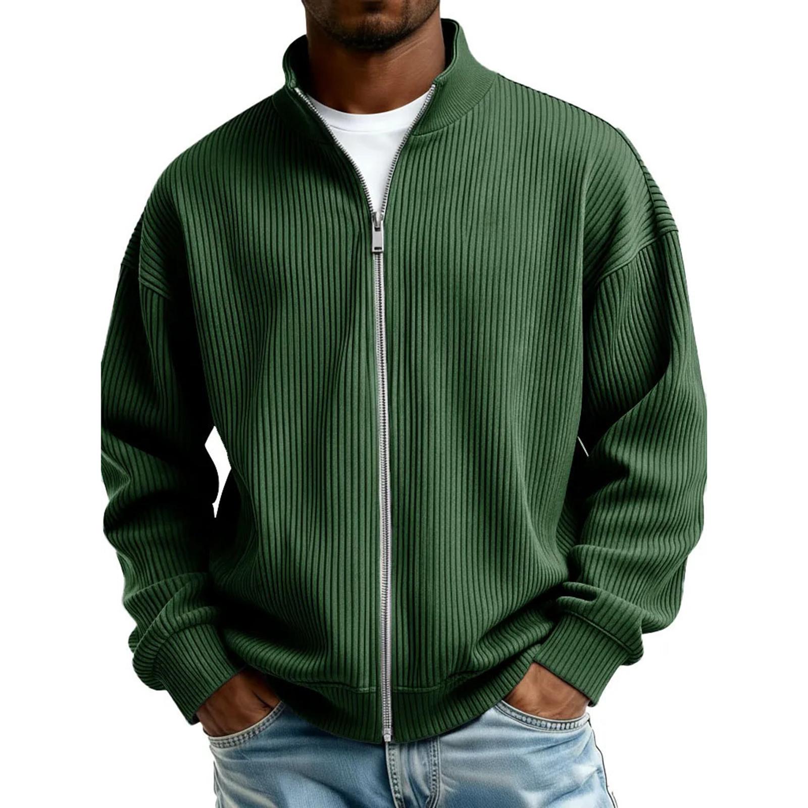Мужская повседневная футболка на молнии с длинным рукавом свободного кроя осенняя мода стандартной посадки кардиган XXL зелёный 2350₽