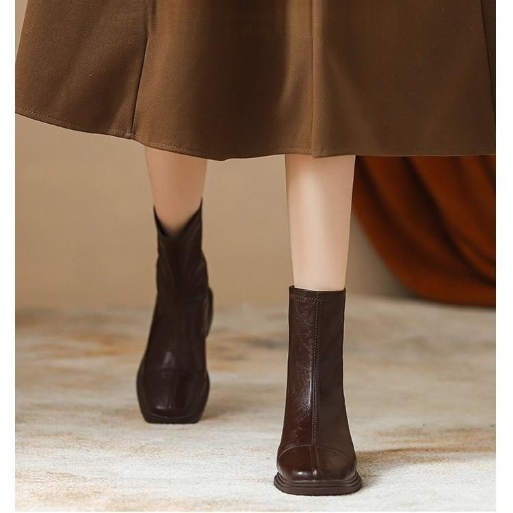Washed Cowhide~ British Folded Chelsea Boots Brown Fleece Martin Boots Women's Early Autumn Short Boots Skinny Boots