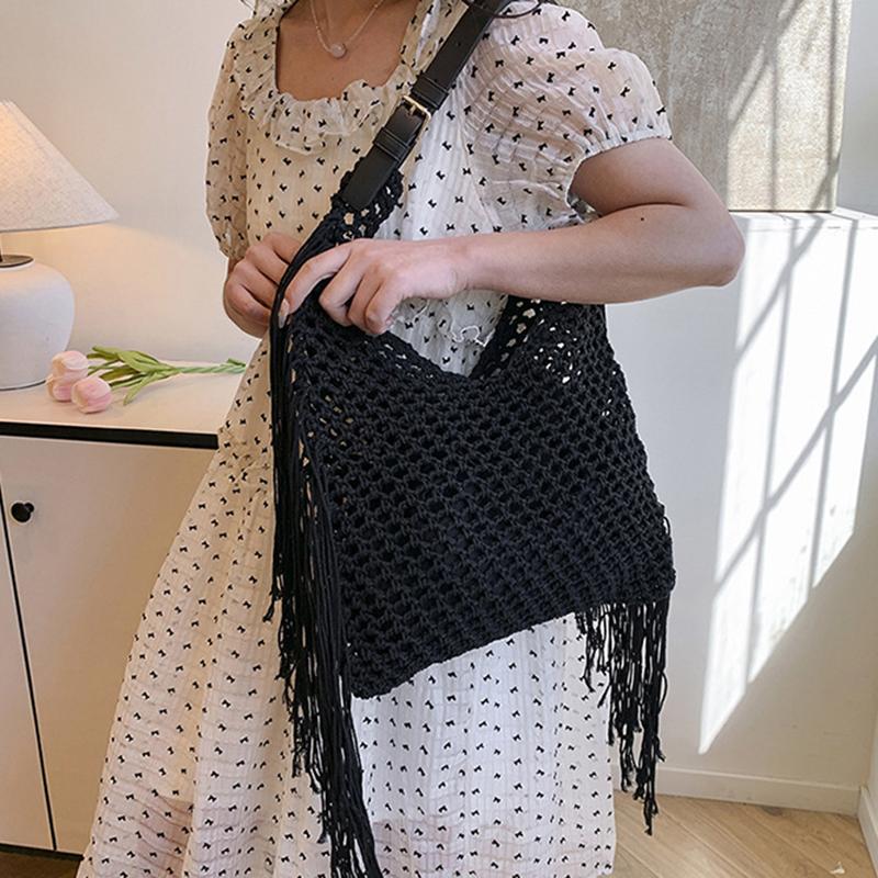 Yogodlns Fashion Long Tassel Shoulder Bag Thread Woven Women's Bag New Hollowed Out Handbag Summer Beach Vacation Bag
