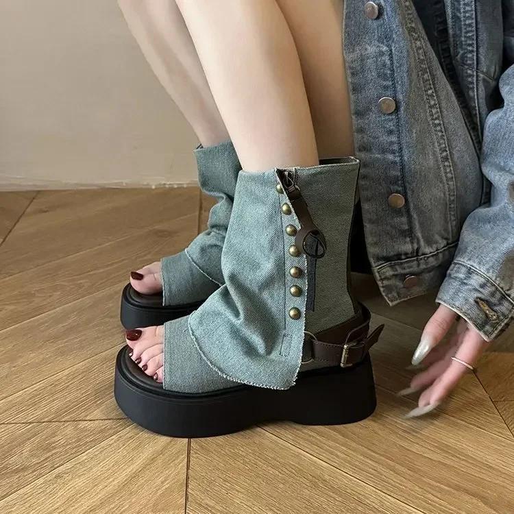 Fashion French Retro Breathable Women's Sandals Summer Outdoor Fashion Short Boots Denim Material Rubber Sole Comfortable Walking Shoes