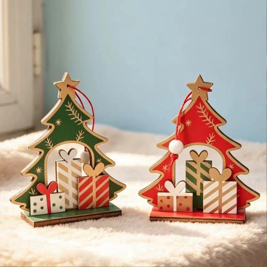 Wooden Christmas Tabletop Decorations Tree Decoration, Winter Xmas Gift Box Tiered Decorative Figurines for Home Tray Centerpiece, Rustic Table