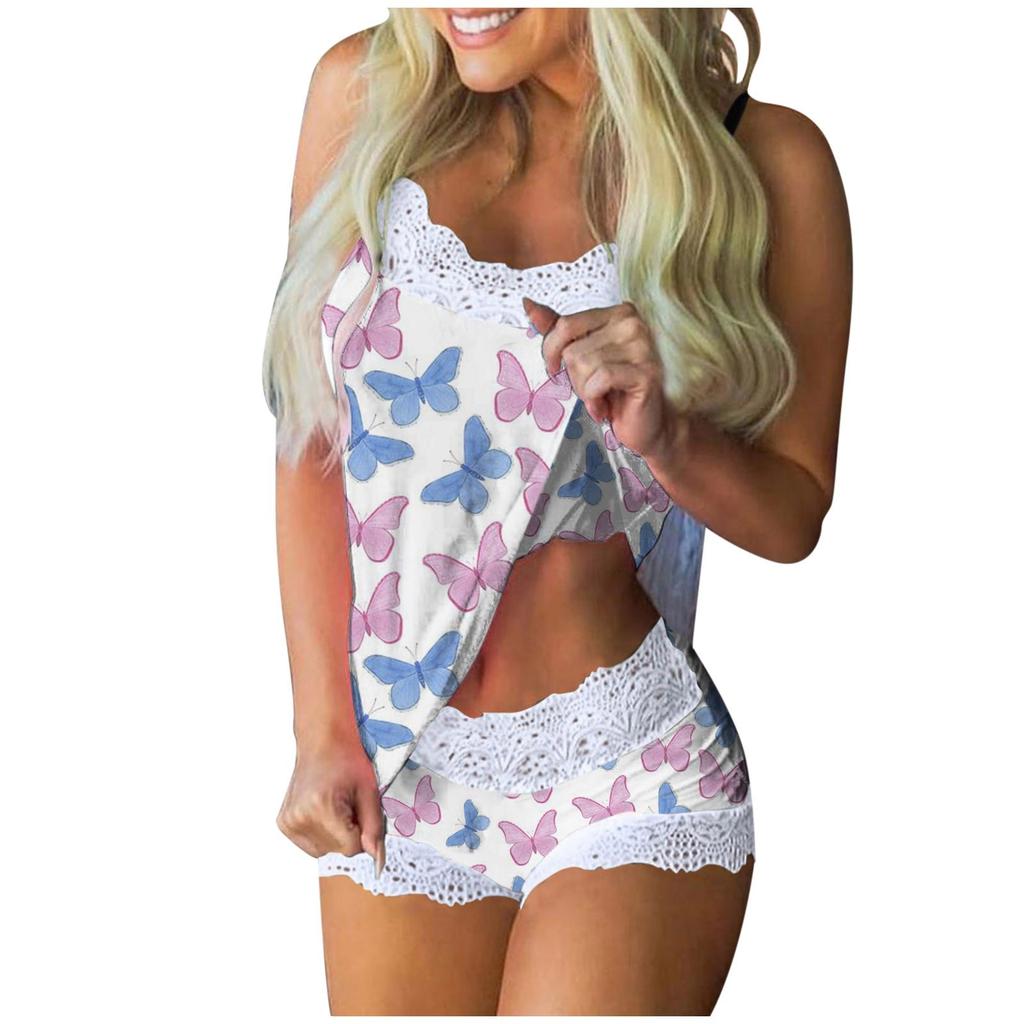 Women Print Pajamas Sleeveless Lace Cami Shorts Lingerie Sleepwear Set