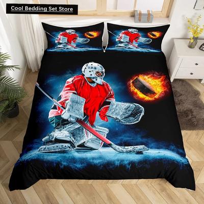 Ice Hockey Sports King Queen Duvet Cover Burning Hockey Ball Bedding Set for Teens Athlete Black 23pcs Polyester Quilt Cover