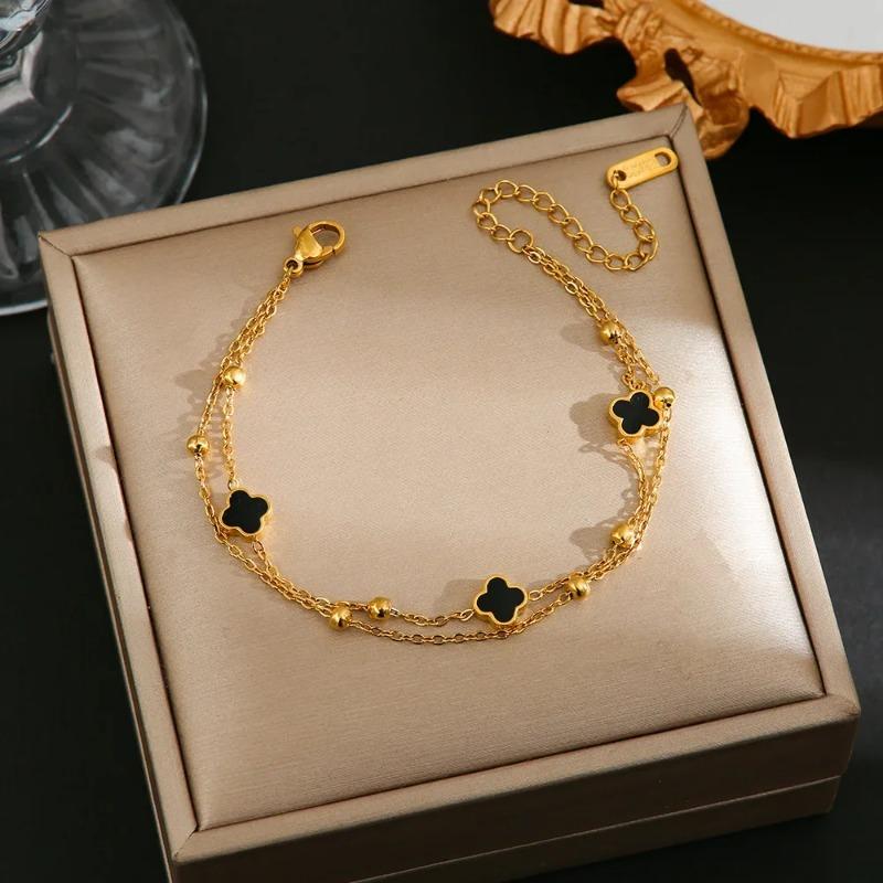 

Минималистичный мини двухсторонний браслет из титановой стали с четырьмя листьями клевера, удачная трава, универсальное элегантное украшение для рук 6658-gold Black
