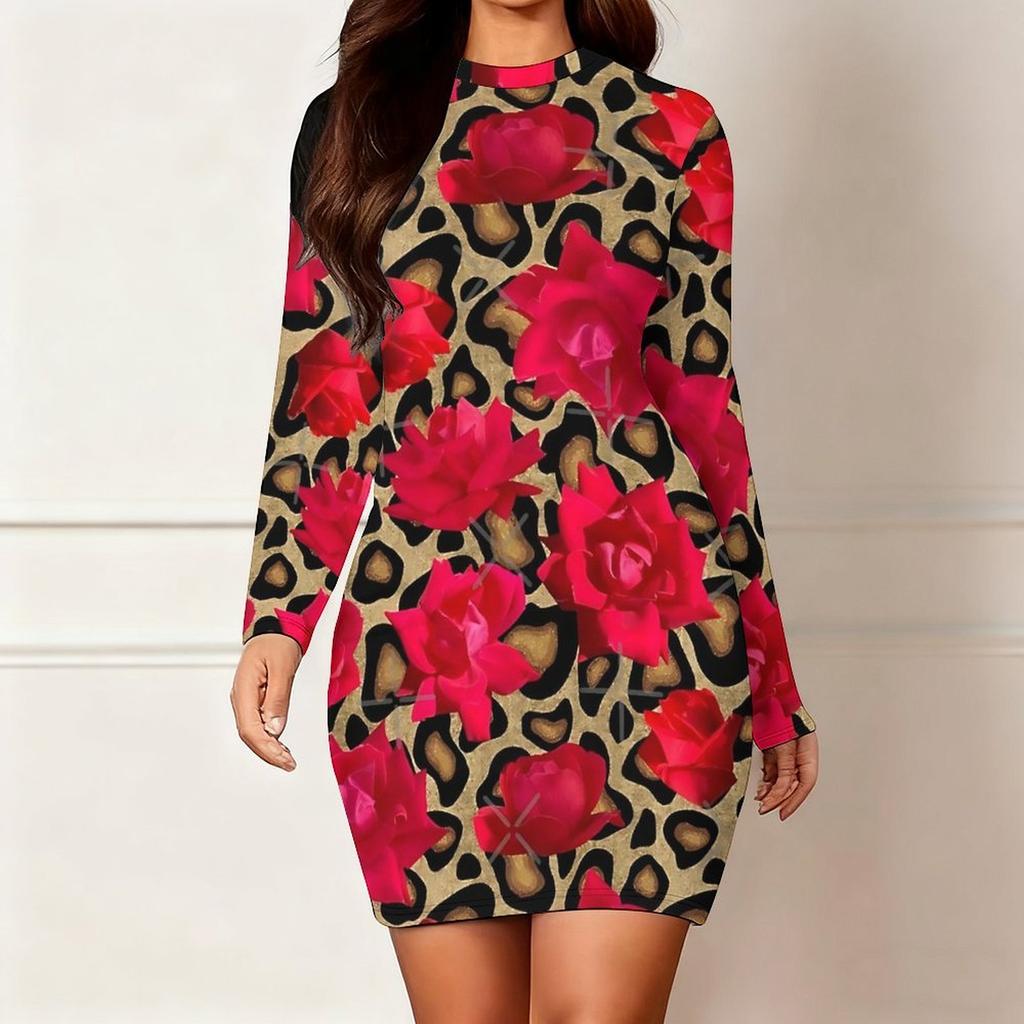 2025 Outono e Inverno Novo Estampa Floral 3D e Tingimento Moda Feminina Manga Longa Gola Redonda Vestido Envolvente de Quadril Dia dos Namorados Limitado