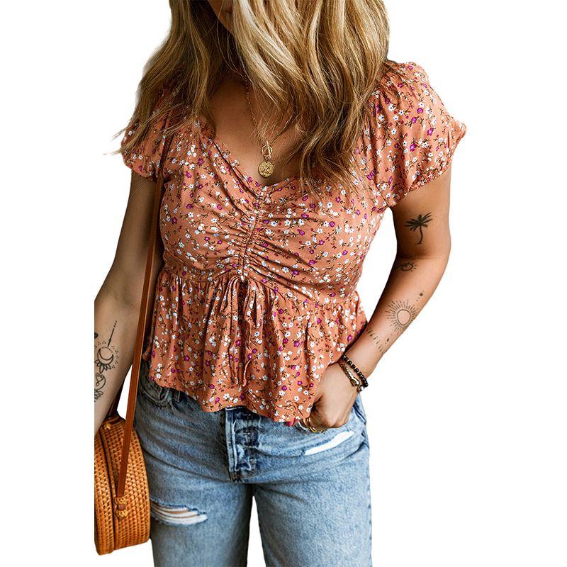 

2025 Summer Thin Floral V Neck Chiffon Shirt Women Fashion Fashion Stylish Niche Style Three-Quarter Sleeve Tops Women Orange color Size M fit (55.00 kg-62.50 kg