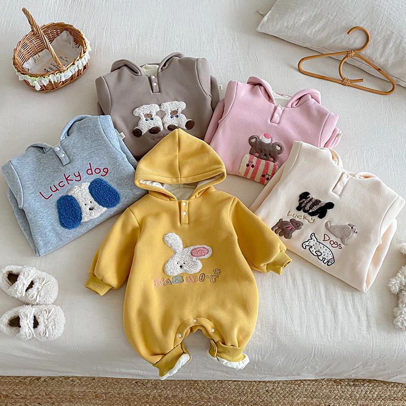 Winter 2025 Baby Fleece Cartoon Romper - Cute Embroidered Rabbit Newborn Jumpsuit