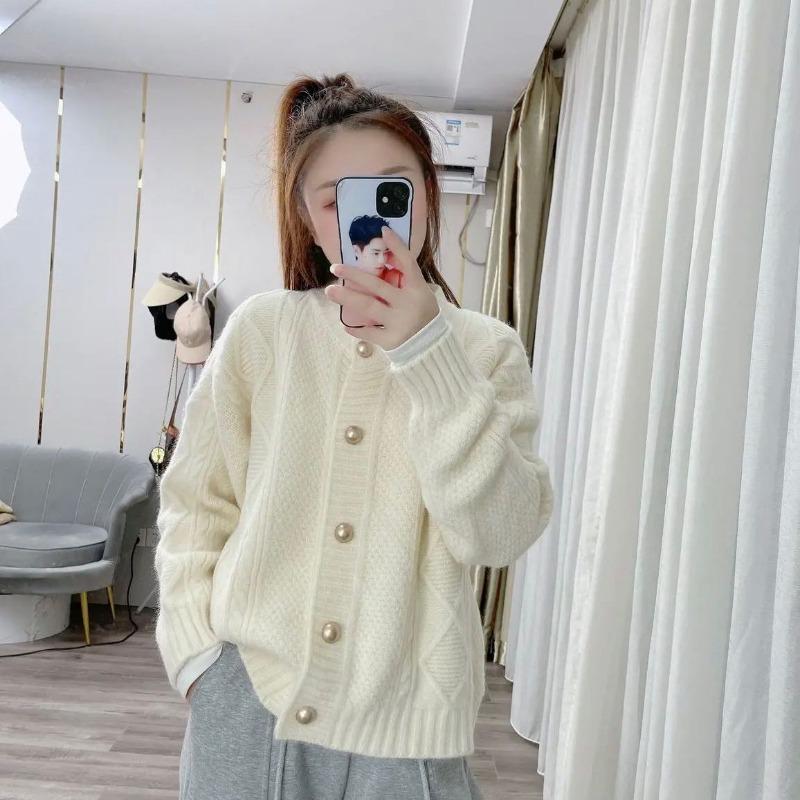 

Кардиган, свитер, круглый вырез, жареное тесто, мягкий восковой вязаный свитер, однотонный универсальный женский свитер с длинными рукавами One Size белый