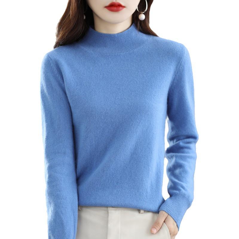 Women's Cashmere Knit Sweater - 2023 Autumn/Winter, Half-High Neck, Slimming Fit, Solid Color Pullover