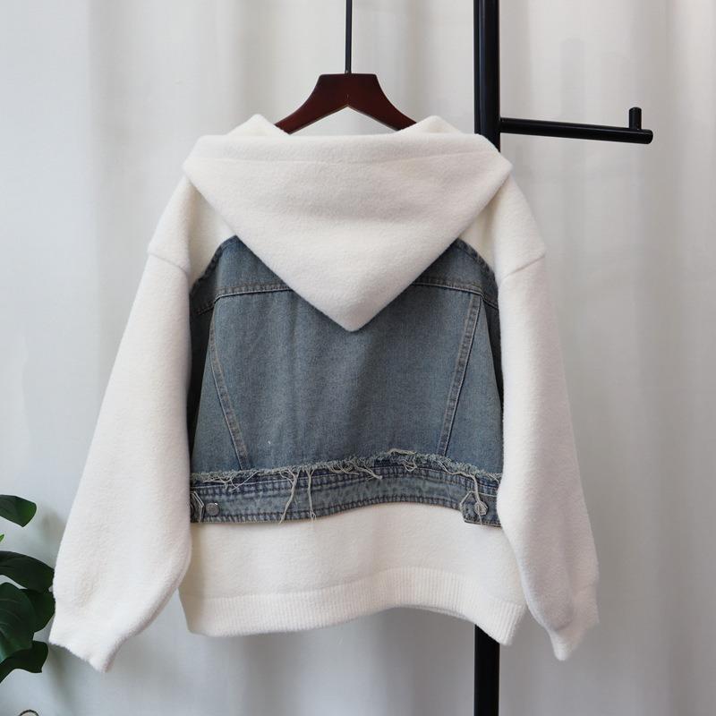 Premium hooded zipper denim splicing knitted double-sided woolen cardigan autumn new loose sweater jacket women