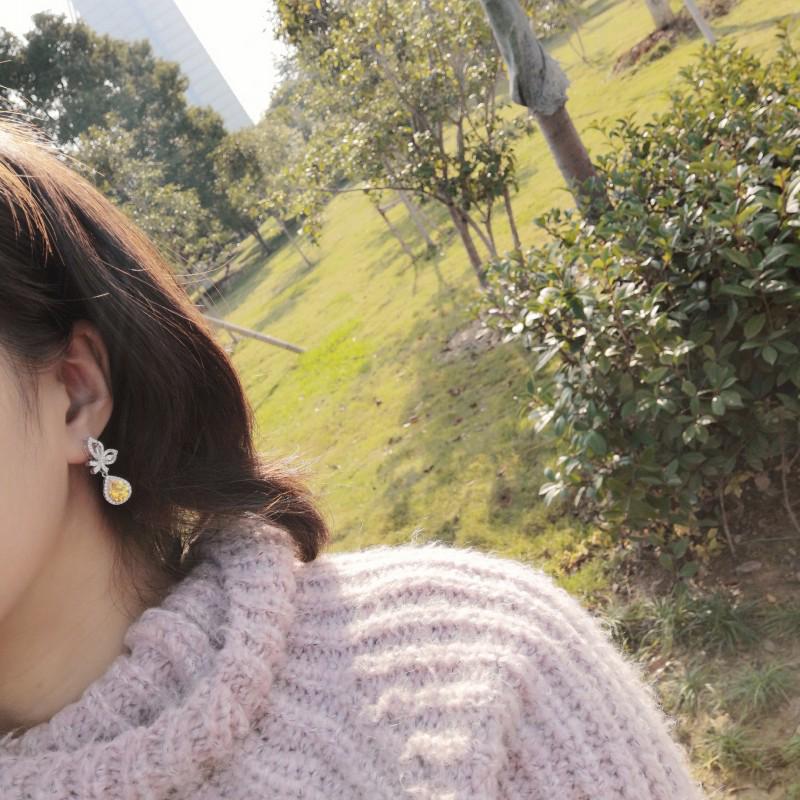 Micro Inlaid Zircon Yellow Water Drop Wings Long Earrings Female Needle Temperament Small Daily Bow for Women Jewelry Gift
