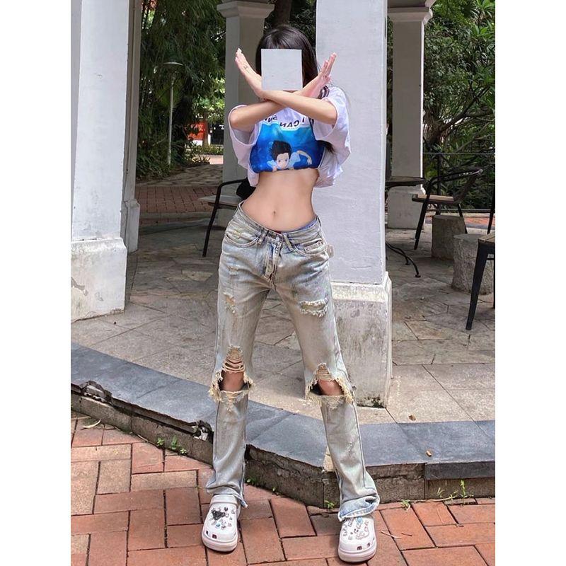 

Plus Size Fat Sister Hole Denim Female Spring and Summer New Arrival Slim Looking Fashion Retro High Street Straight-leg Beggar Pants Light Blue 3 Size XL [75.00 kg-82.50 kg]]