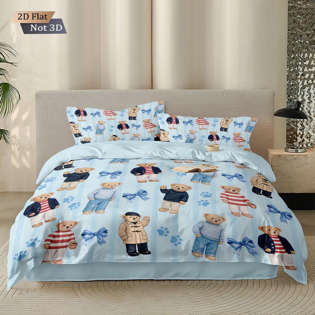 3pcs Cute Doll Bear Printed Quilt Set Multi Size Bedroom Dormitory Bed Holiday Decoration Machine Washable