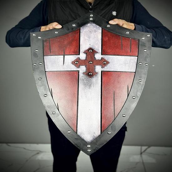 71.12 Cm Templar Shield Medieval Knight Red Cross Wooden Templar Shield Crusader Battle Damaged Heater Shield Best Gift
