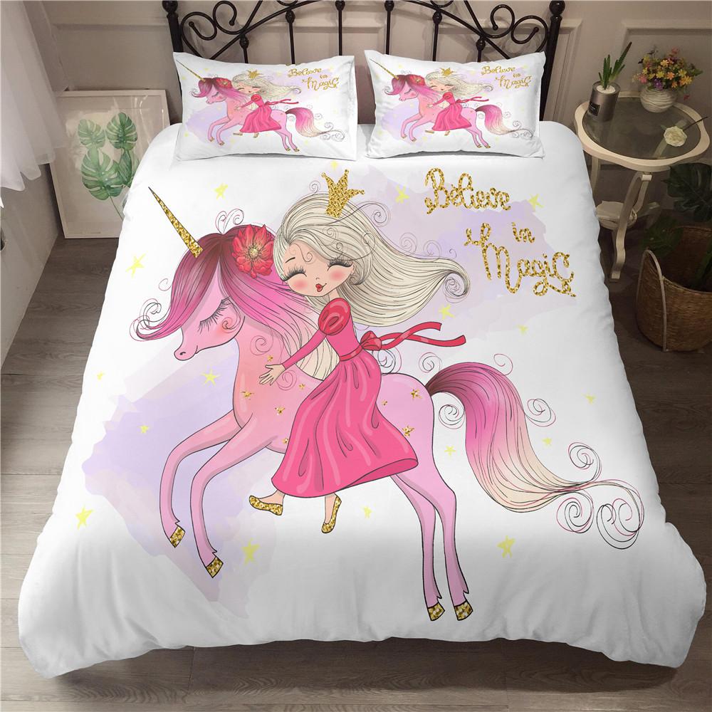 Cute Unicorn Duvet Cover Set Girly Pink Castle Bedding Set Single Twin Size For Princess Girl Dedicated Bedroom Decor Bedclothes