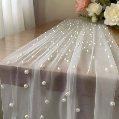 Falsche Perlen Gaze Tischläufer Boho Durchsichtiger Tüll Stoff Tischläufer für Hochzeit Junggesellinnenabschied Geburtstagsparty Esstisch Dekoration