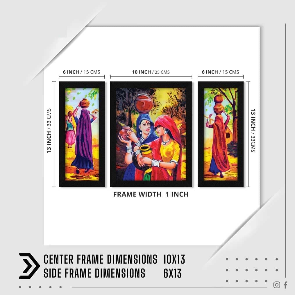 Paper Vastu Indian Village Scene Women Wall Art Painting, Multicolor, Indian Villlage, 13.0 X 22.0 Inches, Set of 3