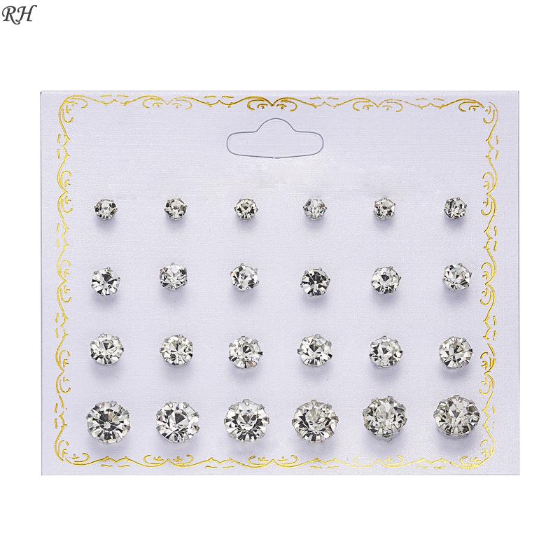 12 párů/sada Náušnice s krystalem a imitací perly Sada Dámské šperky Doplňky Piercing Kuličkové puzetkové náušnice Sada Bijouterie náušnice