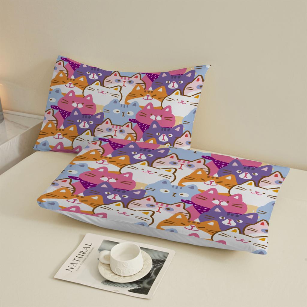 3 stuks Kleurrijke Katten Hoeslaken Cartoon Kattenpatroon 3D Print Cadeaus Voor Studenten Meisjes 100% Polyester Plat Laken Met Kussenslopen