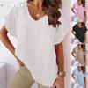JPNTKYWomen's Fashion Casual Solid Color Print Short Sleeve V Neck Blouses & Shirts