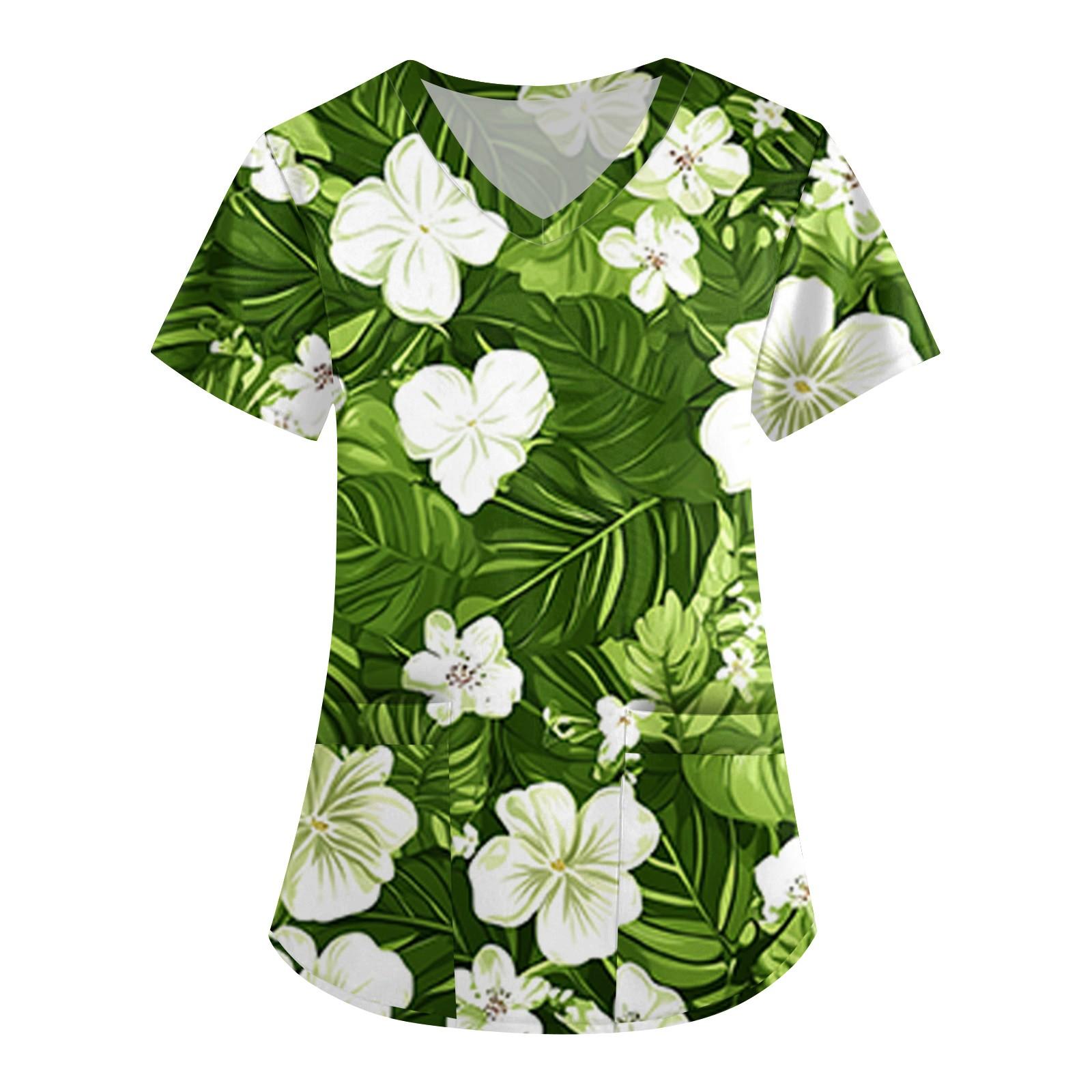 

Женская мода V-образный вырез с короткими рукавами рабочая одежда с карманом гавайский принт топ костюм для ухода XL зелёный