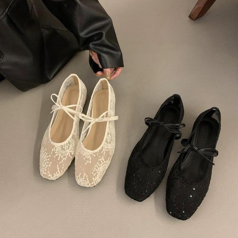 Fashion New Design Flat Shoes for Women Square Head Shallow Mouth Mesh Fabric Embroidery Butterfly Knot Soft Sole Single Shoes Mujer