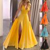 Women Fashion Solid Sleeveless V Neck Backless Lace Up Spaghetti Strap Long Dress
