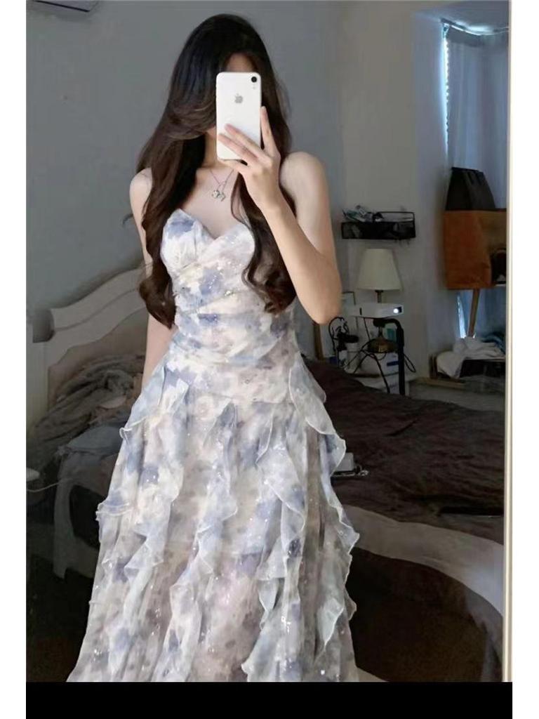 Vestido de tirantes floral de verano para mujer - Escote en V, Estilo de hada que acentúa la cintura, Dulce y moderno