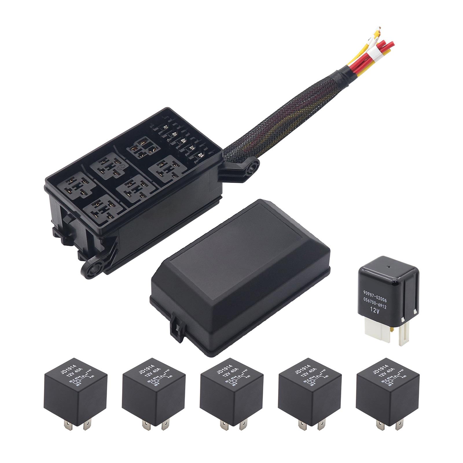 

6 Way Blade Fuse Holder Box Relays Box with Spade Terminals and Wiring Harness 4Pin 12V 40A Relays for Car Truck