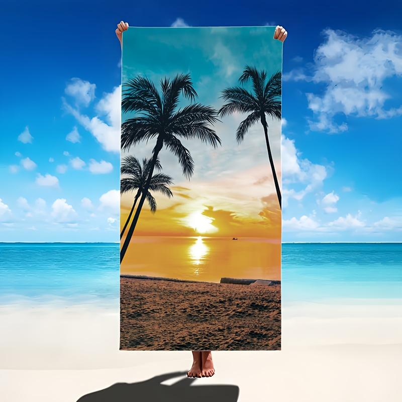 

1PC Coconut Tree Beach Sunset Polyester Quick-Dry Beach Towel, 2D Printed, All-Season, Lightweight Soft, Unisex for Swimming/Sur W30*H60(CM)
