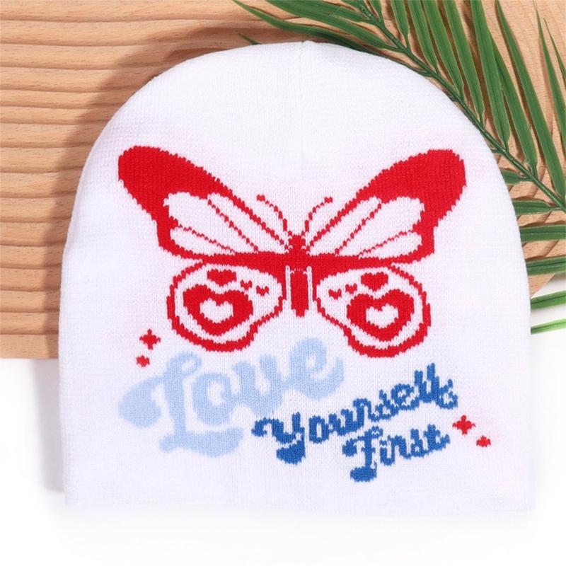 2000s Butterfly Pattern Knitted Hat Streetwear Design Breathable Acrylic Fibre Hat For Outdoor Music Festival Daily Use
