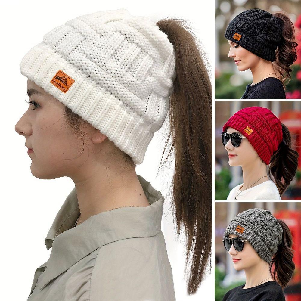 Fashion Crochet Ponytail Winter Hats Knitted Solid Color Beanies Hat Warm Ear Protection Skullies Autumn