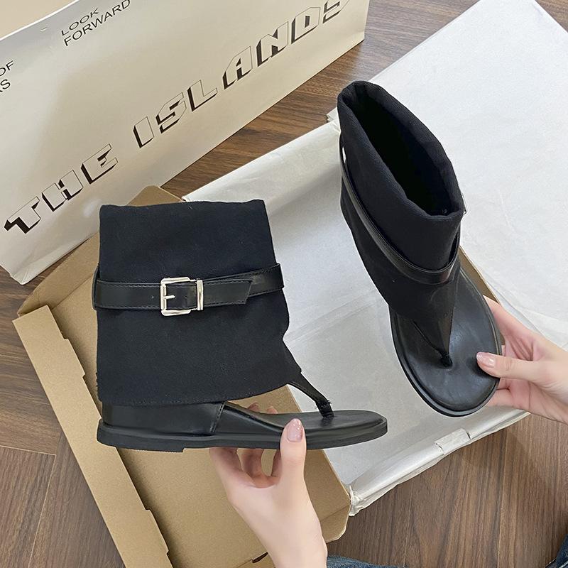 Mezzanine flat women's boots women's denim belt buckle middle help herringbone cool boots women's comfort