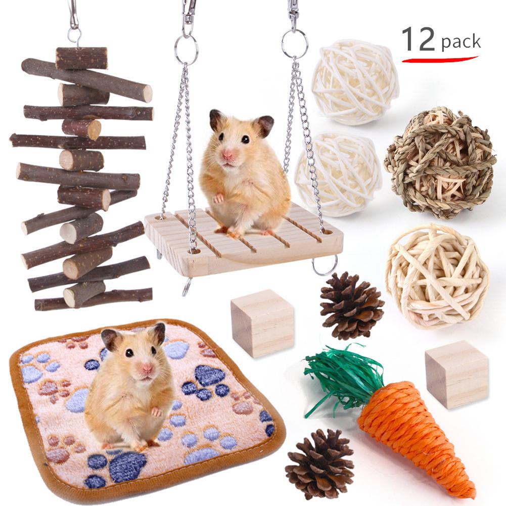 Wooden Hamster Toy Grass Ball Set Bite-resistant Molar Cleaning Tooth Toys Interactive Games Props Pet Supplies For Rabbit Guinea Pig